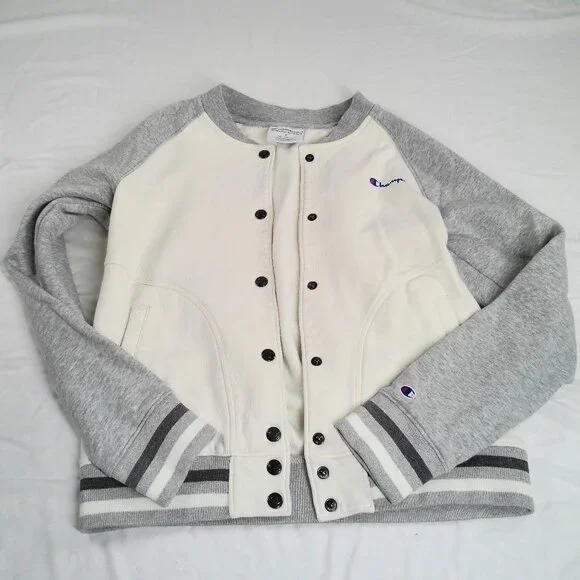 Champion Varsity Jacket Women’s Small Cream Gray Snap Button Raglan Fleece - Picture 5 of 5